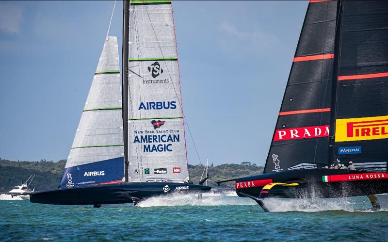 Luna Rossa Prada Pirelli vs New York Yacht Club American Magic on day 2 of PRADA ACWS Auckland photo copyright Sailing Energy / American Magic taken at  and featuring the AC75 class