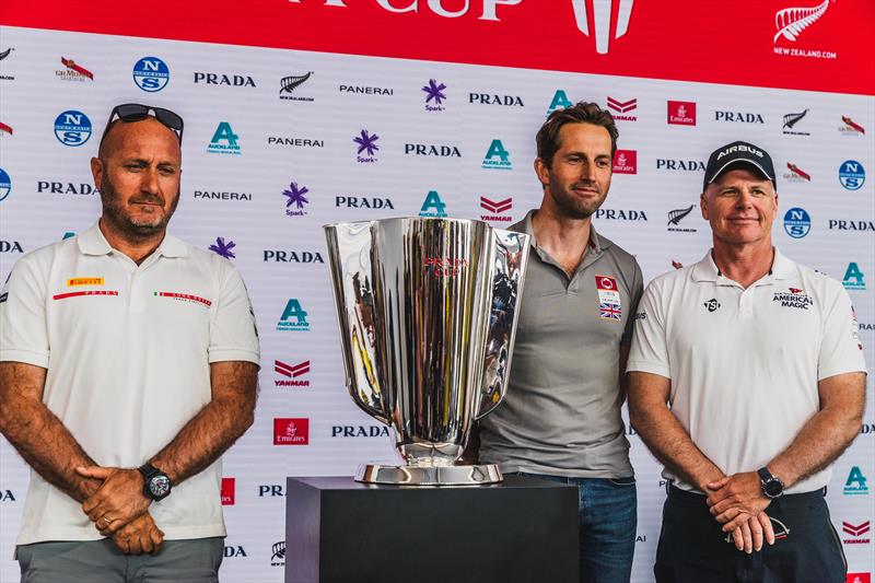 Ben Ainslie with Terry Hutchinson and Max Sirena, representing the three Challengers for the PRADA Cup - photo © C Gregory / INEOS TEAM UK