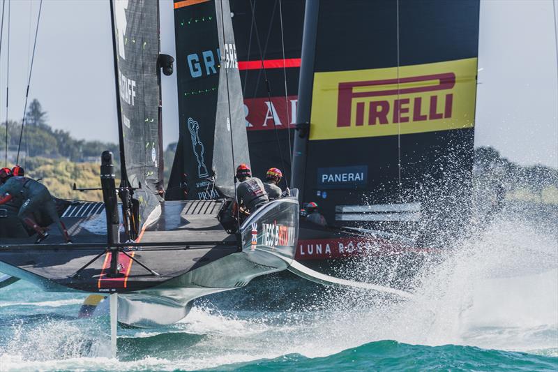 INEOS TEAM UK on the water with Luna Rossa during official practice racing ahead of the PRADA Cup photo copyright C Gregory / INEOS TEAM UK taken at  and featuring the AC75 class