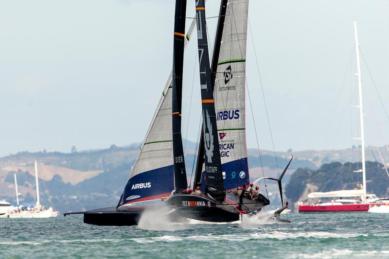 PRADA Cup Day 2: PATRIOT has some trouble staying on the foils today as BRITANNIA comes at them during the pre-start - photo © Sailing Energy / American Magic