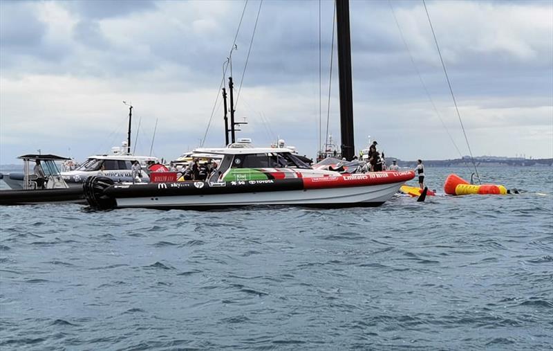 The America's Cup support teams work together to save NYYC American Magic's Patriot after a huge capsize on day 3 of the PRADA Cup - photo © Richard Gladwell / Sail-World.com