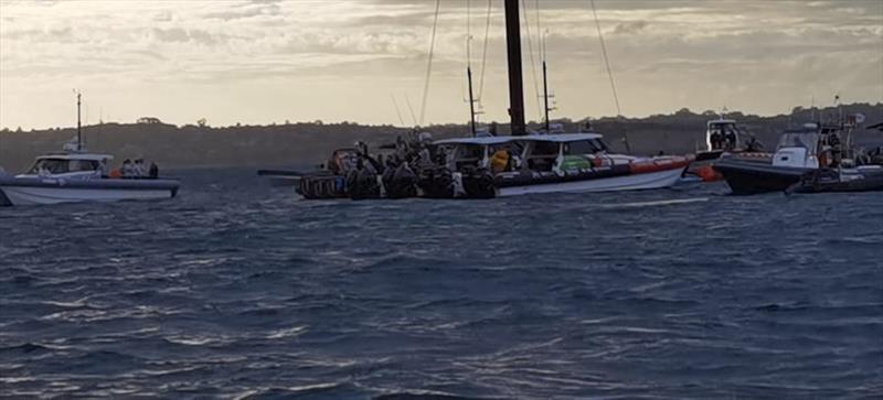 The situation is stabilised for NYYC American Magic's Patriot after a huge capsize on day 3 of the PRADA Cup photo copyright Richard Gladwell / Sail-World.com taken at  and featuring the AC75 class