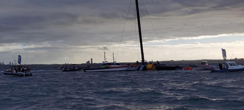The situation is stabilised for NYYC American Magic's Patriot after a huge capsize on day 3 of the PRADA Cup photo copyright Richard Gladwell / Sail-World.com taken at  and featuring the AC75 class