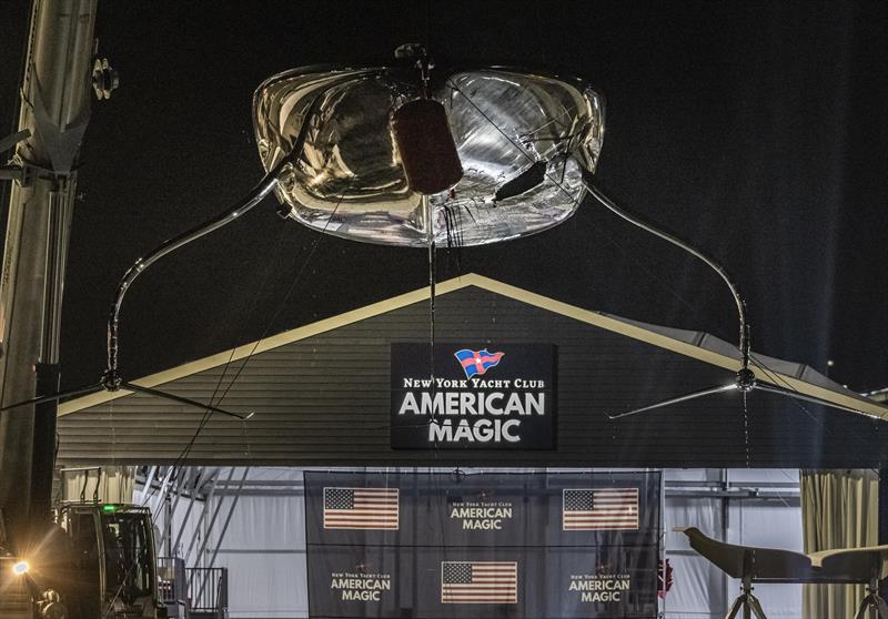 NYYC American Magic's Patriot back ashore with a huge hole in the hull after their massive capsizes on day 3 of the PRADA Cup - photo © COR36 / Studio Borlenghi