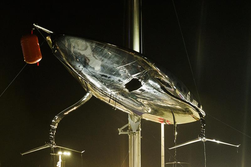 NYYC American Magic's Patriot back ashore with a huge hole in the hull after their massive capsizes on day 3 of the PRADA Cup - photo © COR36 / Studio Borlenghi