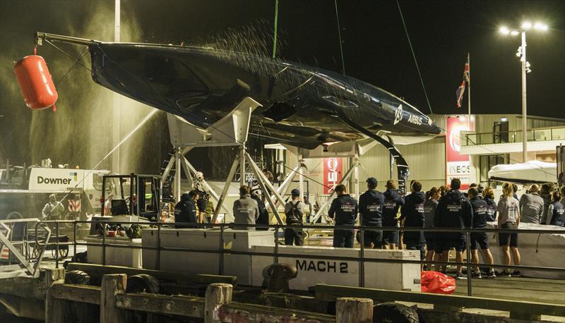 NYYC American Magic's Patriot back ashore with a huge hole in the hull after their massive capsizes on day 3 of the PRADA Cup photo copyright COR36 / Studio Borlenghi taken at  and featuring the AC75 class