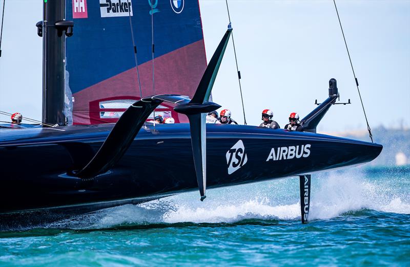 PRADA Cup Semi-Final Day 1 - Foil Trimmer Andrew Campbell (left), Skipper/Tactician Terry Hutchinson (3rd from right), Helmsman Dean Barker (2nd from right) and main trimmer Paul Goodison (right) photo copyright Sailing Energy / American Magic taken at  and featuring the AC75 class