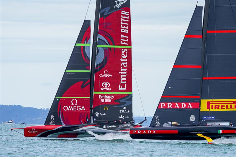 America's Cup match day 1 - Emirates Team New Zealand lead Luna Rossa Prada Pirelli photo copyright ACE / Studio Borlenghi taken at Royal New Zealand Yacht Squadron and featuring the AC75 class