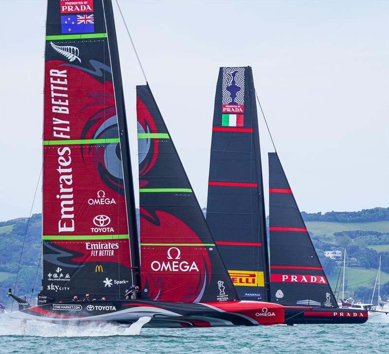 America's Cup match day 1 - Luna Rossa Prada Pirelli ahead of Emirates Team New Zealand photo copyright ACE / Studio Borlenghi taken at Royal New Zealand Yacht Squadron and featuring the AC75 class