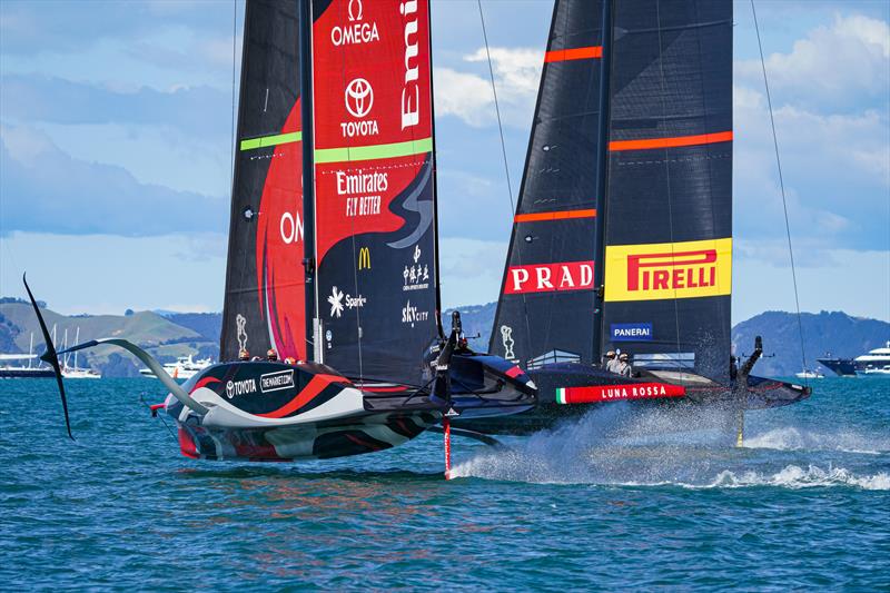 America's Cup match day 2 - Luna Rossa Prada Pirelli lee-bow tack ahead of Emirates Team New Zealand to take control of race 3 photo copyright ACE / Studio Borlenghi taken at Royal New Zealand Yacht Squadron and featuring the AC75 class