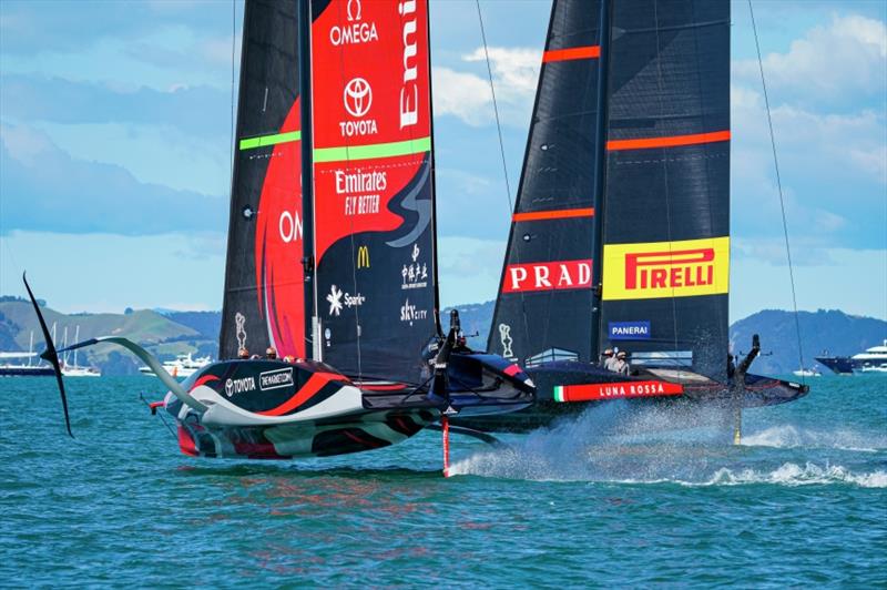 America's Cup match day 2 - Luna Rossa Prada Pirelli and Emirates Team New Zealand photo copyright ACE / Studio Borlenghi taken at Royal New Zealand Yacht Squadron and featuring the AC75 class