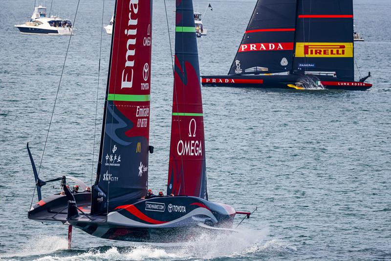 America's Cup match day 5 - Emirates Team New Zealand catches Luna Rossa Prada Pirelli as she wallows off the foils photo copyright ACE / Studio Borlenghi taken at Royal New Zealand Yacht Squadron and featuring the AC75 class