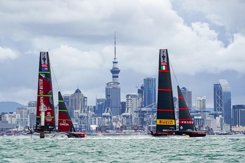 America's Cup match day 6 - Luna Rossa Prada Pirelli and Emirates Team New Zealand battle it out in race 9 photo copyright ACE / Studio Borlenghi taken at Royal New Zealand Yacht Squadron and featuring the AC75 class