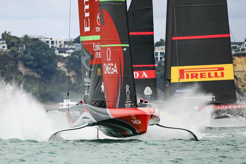 America's Cup match day 6 - Luna Rossa Prada Pirelli and Emirates Team New Zealand battle it out in race 9 photo copyright ACE / Studio Borlenghi taken at Royal New Zealand Yacht Squadron and featuring the AC75 class