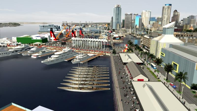 Graphic artist's impression of Viaduct Basin proposal looking along North Wharf towards the Event Centre photo copyright Virtual Eye taken at Royal New Zealand Yacht Squadron and featuring the AC75 class