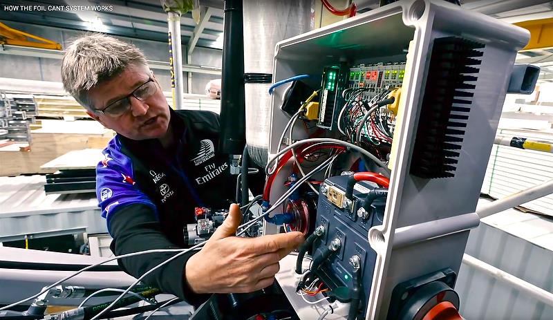 Peter Thomas points out the motor controller (with terminals) which takes the current from the battery and  converts it to a voltage that the motor can use - Emirates Team New Zealand - AC75 canting keel mechanism - September 18, - photo © Emirates Team New Zealand