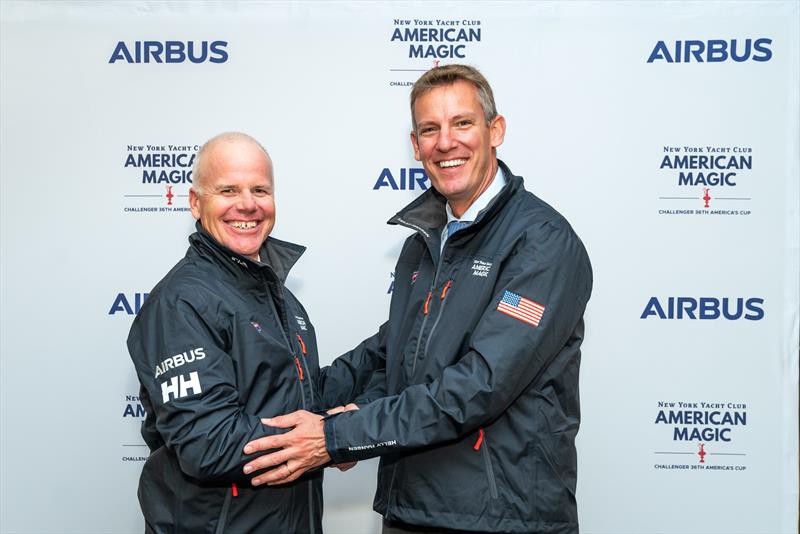New York, USA, 23 October 2018. Airbus Commercial Aircraft EVP Engineering Jean-Brice Dumont (R) and American Magic's Executive Director and Skipper Terry Hutchinson after announcing their Innovation partnership in a ceremony at the New York Yacht Club photo copyright Enrique Shore taken at New York Yacht Club and featuring the AC75 class
