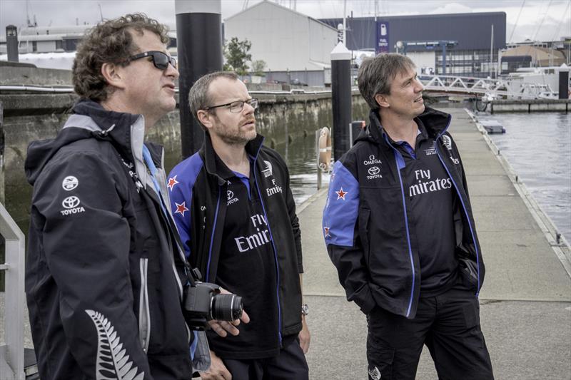 Designers eyeball the prototype AC75 rig - Emirates Team New Zealand testing a soft wing concept sail in Auckland, New Zealand, February 2018 - photo © Hamish Hooper