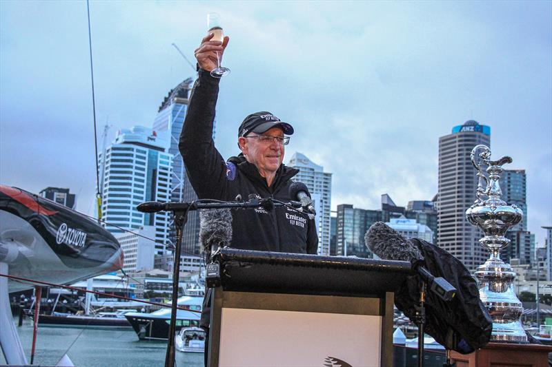 Sir Stephen Tindall Chair ETNZ Board proposes a toast at the Emirates Team New Zealand launch the world's first AC75, Auckland, September 6, photo copyright Richard Gladwell taken at Royal New Zealand Yacht Squadron and featuring the AC75 class