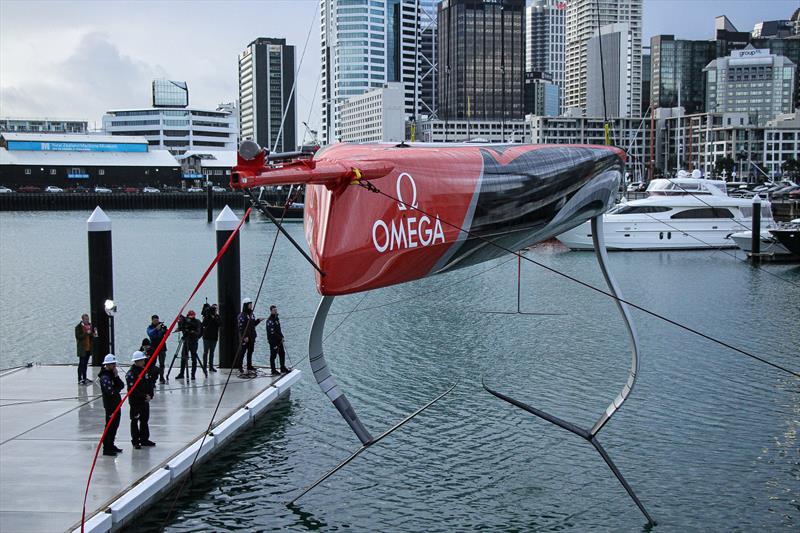 First touch of the Waitemata - Emirates Team New Zealand launch the world's first AC75, Auckland, September 6, photo copyright Richard Gladwell taken at Royal New Zealand Yacht Squadron and featuring the AC75 class