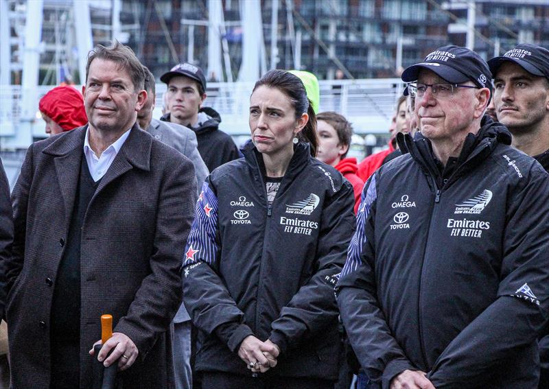 Prime Minister Jacinda Adhern (cetre) with Sir Stephen Tindall (right) ETNZ Chairman, Emirates Team New Zealand launch the world's first AC75, Auckland, September 6, - photo © Richard Gladwell / Sail-World.com