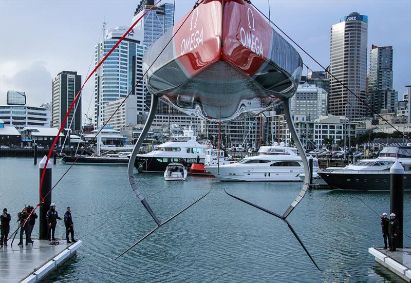 Emirates Team NZ launch the world's first AC75. The design was notable for the bustle around the centreline of the canoebody of the hull, the chines at the bow, and featured two different wings as is standard practice for testing. - photo © Richard Gladwell