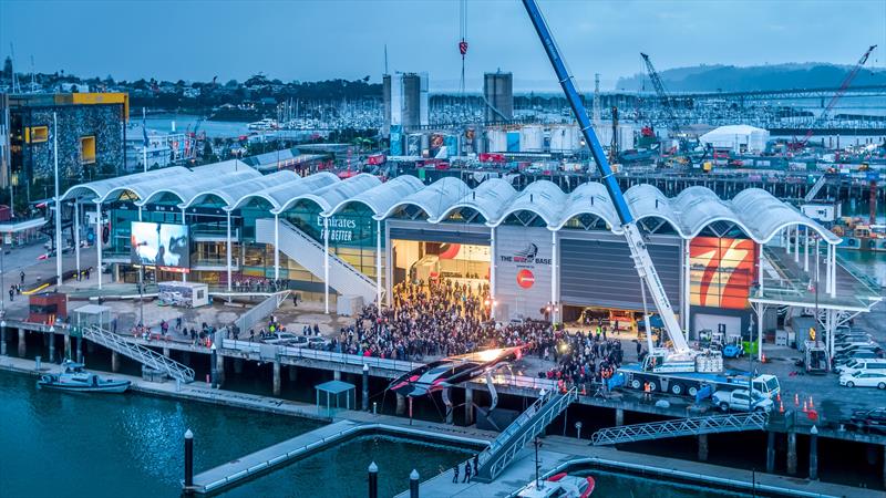 NZ Crane Hire lifts Emirates Team New Zealand first AC75 at the team base in Auckland 36th America's Cup photo copyright Emirates Team New Zealand taken at Royal New Zealand Yacht Squadron and featuring the AC75 class