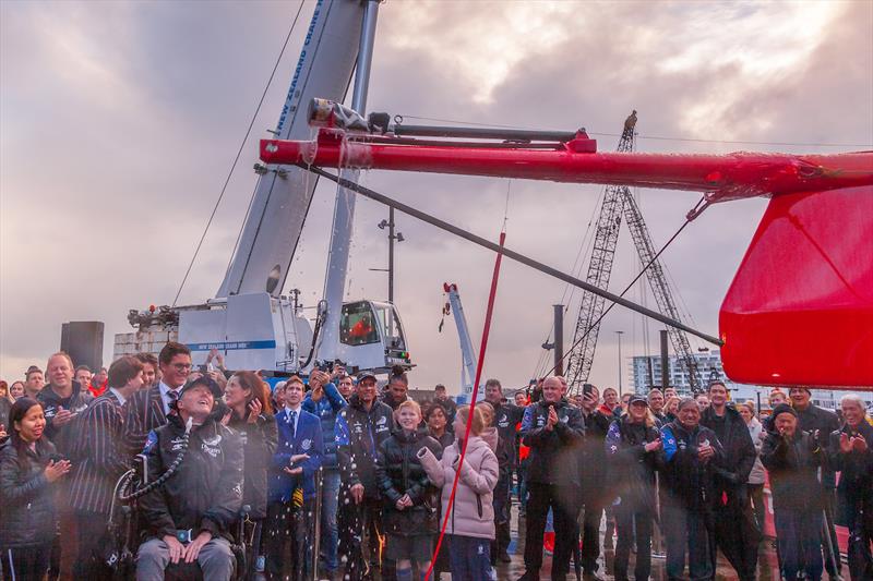 Emirates Team New Zealand christen their first AC75 at their team base in Auckland 36th America's Cup photo copyright Emirates Team New Zealand taken at Royal New Zealand Yacht Squadron and featuring the AC75 class