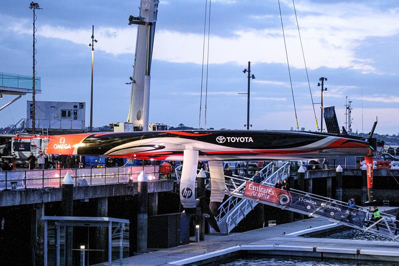 Emirates Team New Zealand's Te Arihe hangs suspended ahead of her naming - Waitemata - AC75, Auckland, September 6, photo copyright Richard Gladwell taken at Royal New Zealand Yacht Squadron and featuring the AC75 class