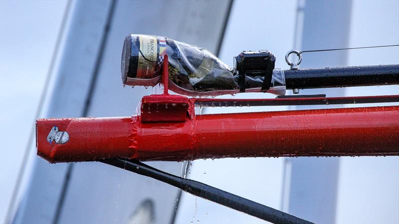 Emirates Team New Zealand launch - the bottle - complete with Go-Pro - never had a chance - Auckland, September 6 , photo copyright Richard Gladwell taken at Royal New Zealand Yacht Squadron and featuring the AC75 class