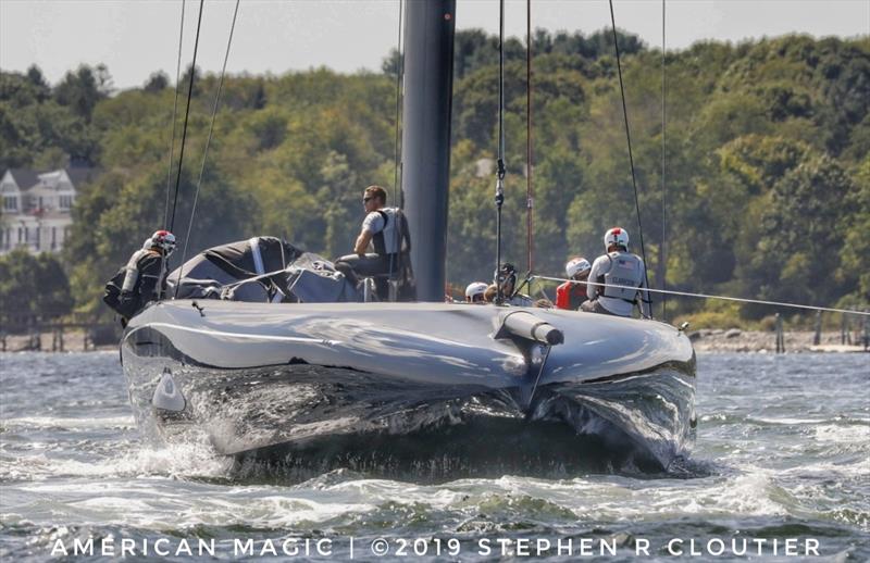 AC75 - NYYC American Magic caught on the tow for more test sailing on Narragansett Bay, Newport RI photo copyright Stephen R Cloutier / PhotoGroup.us taken at New York Yacht Club and featuring the AC75 class