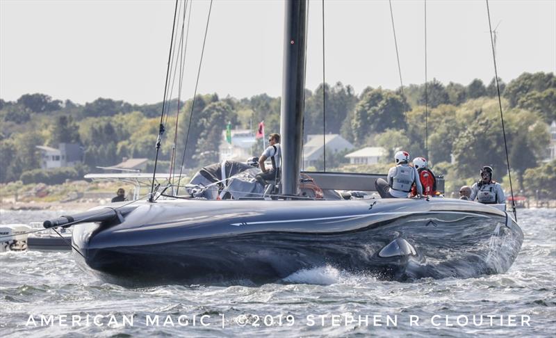 AC75 - NYYC American Magic caught on the tow for more test sailing on Narragansett Bay, Newport RI photo copyright Stephen R Cloutier / PhotoGroup.us taken at New York Yacht Club and featuring the AC75 class