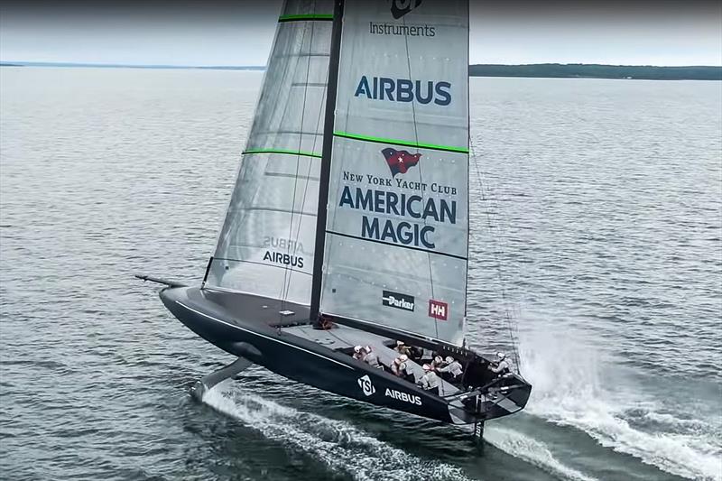 NYYC American Magic completes a foiling gybe during an early sail in light winds - photo © NYYC American Magic