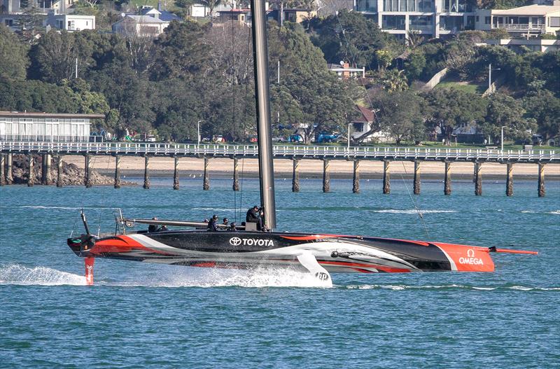 Emirates Team New Zealand - under tow after first days sailing - September 18, photo copyright Richard Gladwell taken at Royal New Zealand Yacht Squadron and featuring the AC75 class