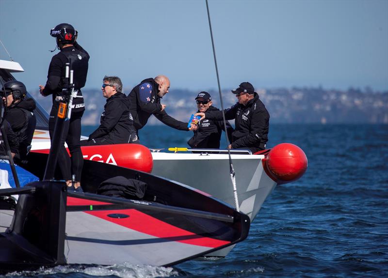 Time for a snack COO Kevin Shoebridge (left) and CEO Grant Dalton (right) - Emirates Team New Zealand - Sail - Day 1, September 18, 2019 photo copyright Emirates Team New Zealand taken at Royal New Zealand Yacht Squadron and featuring the AC75 class