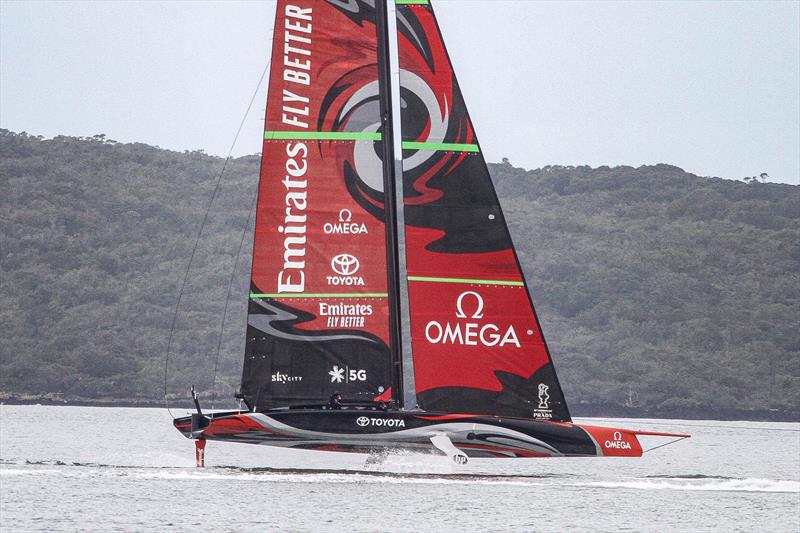 Emirates Team New Zealand foiling under tow  on the Waitemata Harbour in light winds, September 19, 2019 photo copyright Richard Gladwell taken at Royal New Zealand Yacht Squadron and featuring the AC75 class