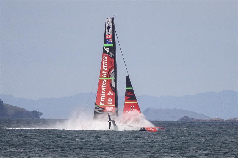 Emirates Team New Zealand three frames on from the splash the ASC75 has flattened out nicely, the wing is clear and loss of speed appeared minimal- Waitemata Harbour - September 22 photo copyright Richard Gladwell taken at Royal New Zealand Yacht Squadron and featuring the AC75 class