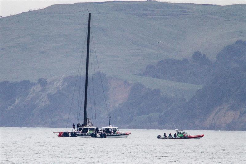 Emirates Team New Zealand prepares for a tow home after an early end to their training session on the Hauraki Gulf, October 8, 2019 photo copyright Richard Gladwell taken at Royal New Zealand Yacht Squadron and featuring the AC75 class