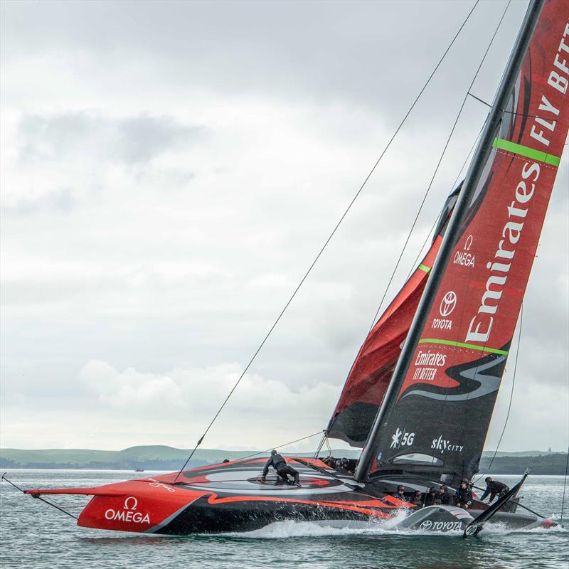 Te Aihe reels after an issue with the tack of the AC75's Code Zero which blew up a few minutes after the first sail with the big extra photo copyright Emirates Team New Zealand taken at Royal New Zealand Yacht Squadron and featuring the AC75 class