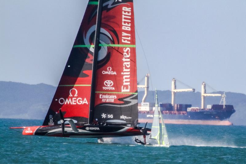 Emirates Team New Zealand dips a 49er - October 2019 - photo © Richard Gladwell