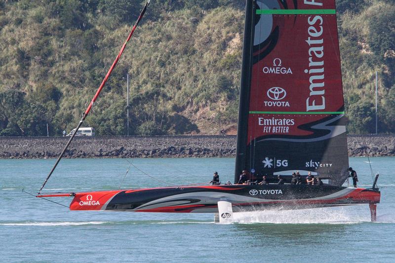 Emirates Team New Zealand  - tows out just after 8.00am for another training session  - Waitemata Harbour - October 2019 photo copyright Richard Gladwell / Sail-World.com taken at Royal New Zealand Yacht Squadron and featuring the AC75 class