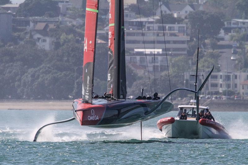 The 5G signal goes from the stern of the AC75 to the Chase boat and then ashore so the design and engineering team can see the performance data in real time photo copyright Richard Gladwell / Sail-World.com taken at Royal New Zealand Yacht Squadron and featuring the AC75 class