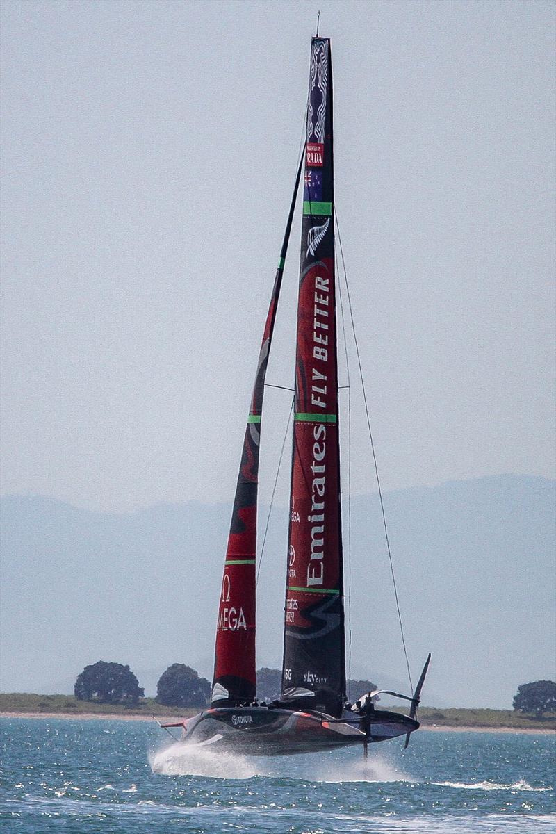 Emirates Team NZ's AC75 Te Aihe heads for "The Paddock" on the other side of the trees on the spit running off Browns Island in the background -  November 4, 2019 photo copyright Richard Gladwell / Sail-World.com taken at Royal New Zealand Yacht Squadron and featuring the AC75 class