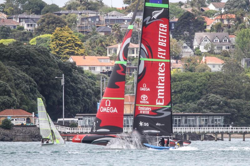 Emirates Team New Zealand gets amongst the 49ers ahead of the 2019 Hyundai World Championship - Waitemata Harbour - November 19, 2019 photo copyright Richard Gladwell / Sail-World.com taken at Royal New Zealand Yacht Squadron and featuring the AC75 class