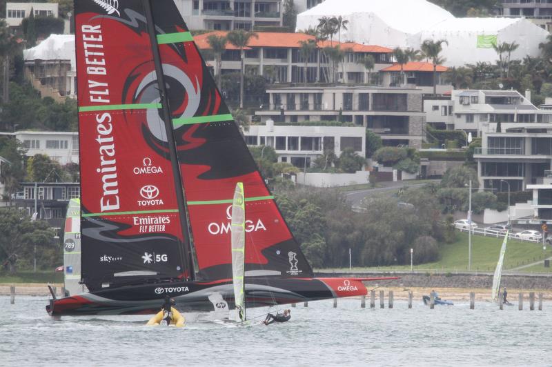 Emirates Team New Zealand gets amongst the 49ers ahead of the 2019 Hyundai World Championship - Waitemata Harbour - November 19, 2019 photo copyright Richard Gladwell / Sail-World.com taken at Royal New Zealand Yacht Squadron and featuring the AC75 class