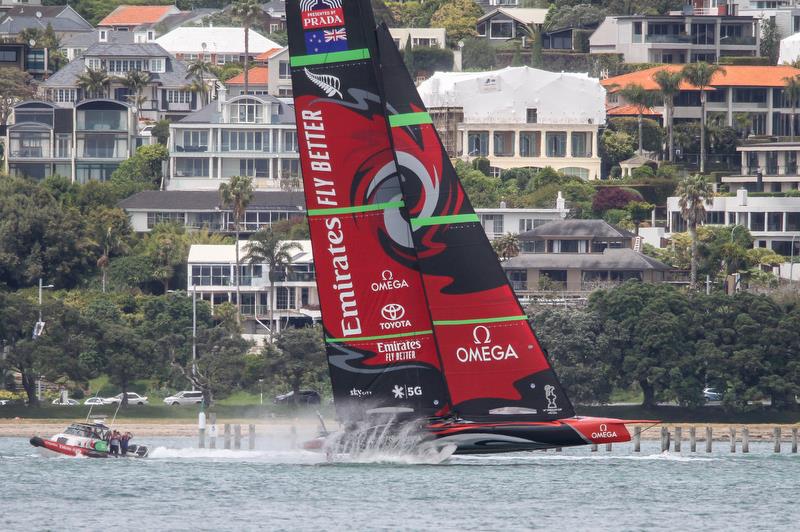 Emirates Team New Zealand gets amongst the 49ers ahead of the 2019 Hyundai World Championship - Waitemata Harbour - November 19, 2019 photo copyright Richard Gladwell / Sail-World.com taken at Royal New Zealand Yacht Squadron and featuring the AC75 class