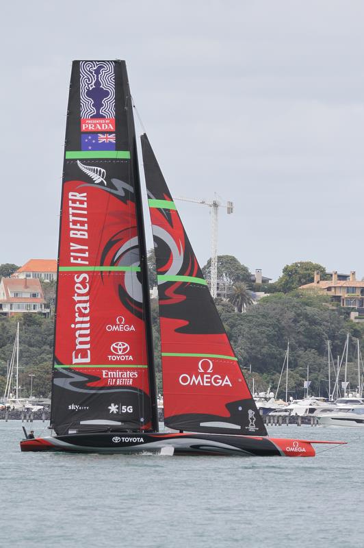 Emirates Team New Zealand make some changes waiting for the breeze - Waitemata Harbour - November 19, 2019 photo copyright Richard Gladwell / Sail-World.com taken at Royal New Zealand Yacht Squadron and featuring the AC75 class