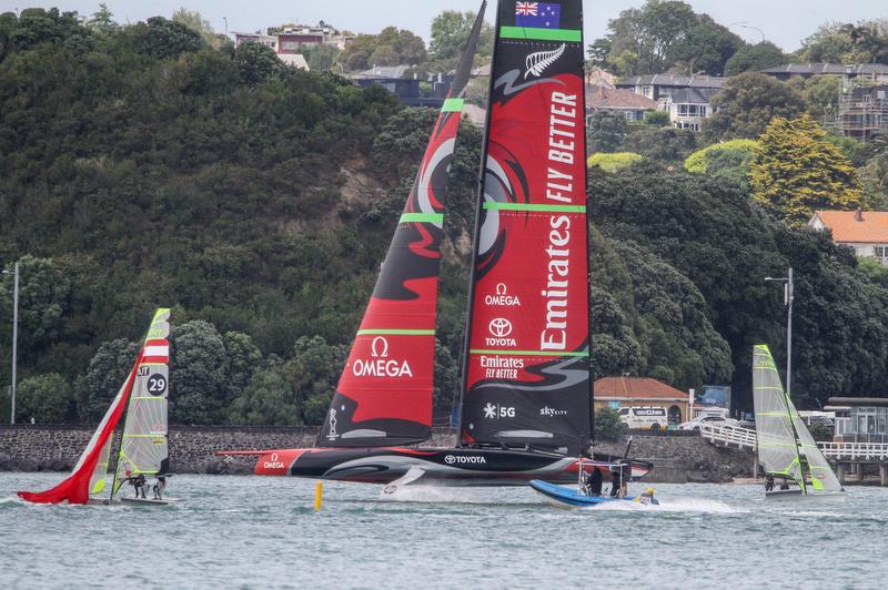 Emirates Team New Zealand gets amongst the 49ers ahead of the 2019 Hyundai World Championship - Waitemata Harbour - November 19, 2019 photo copyright Richard Gladwell / Sail-World.com taken at Royal New Zealand Yacht Squadron and featuring the AC75 class