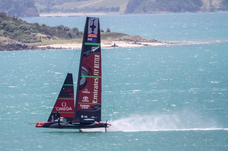 Te Aihe reaching in the 20-25kt SW breeze, passing Motuihe Island - Emirates Team New Zealand - Waitemata Harbour - November 22, 2019 photo copyright Richard Gladwell / Sail-World.com taken at Royal New Zealand Yacht Squadron and featuring the AC75 class