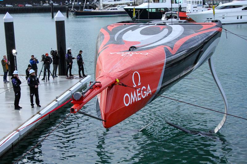 Te Aihe, Emirates Team New Zealand's first AC75 being launched outside the team's base in the America's Cup Village, Auckland photo copyright Richard Gladwell / Sail-World.com taken at Royal New Zealand Yacht Squadron and featuring the AC75 class